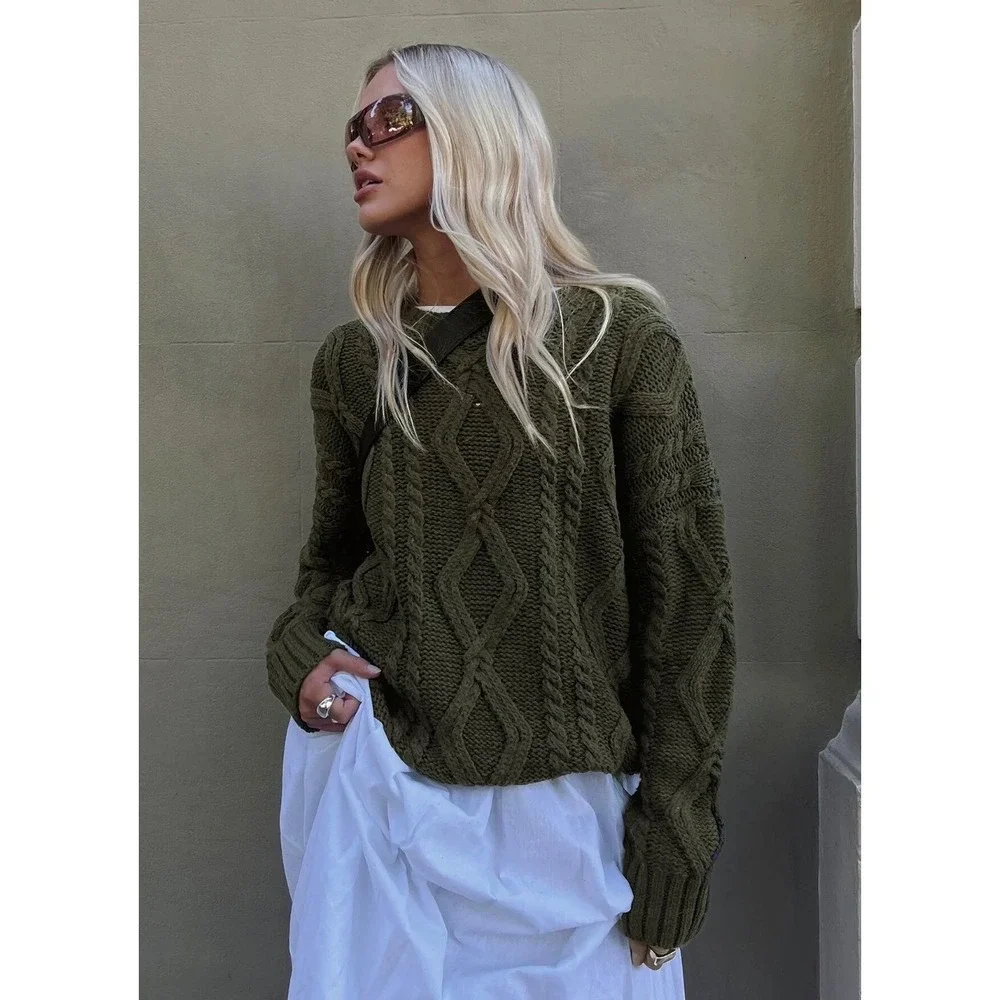 Time and Tru Womens Olive Green Mixed Cable Knit Patchwork Sweater XL‎ 16-18